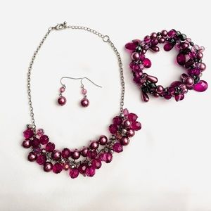 Gun Metal & Purple Beaded Necklace, Earrings,& Stretch Bracelet Set